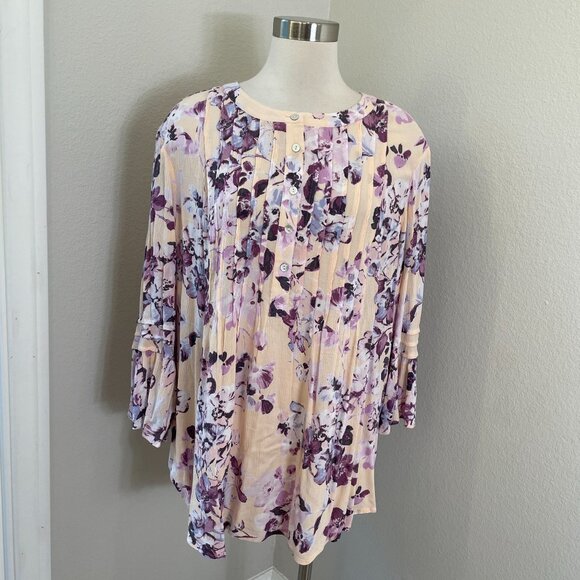 J Jill Womens XL Purple Floral Pleated Button Front Tunic Top Bell Sleeve Blouse - Picture 2 of 13